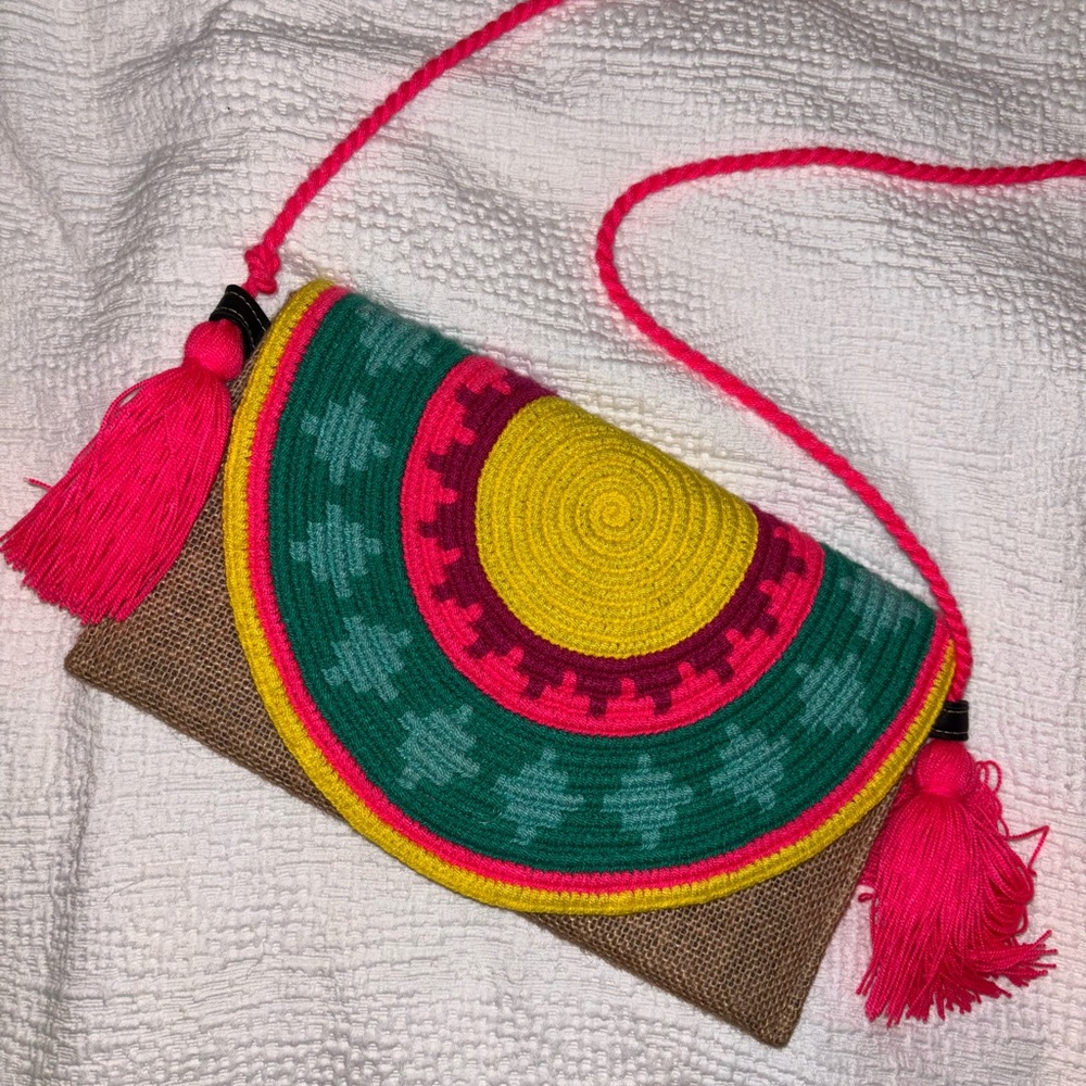 Colorful Woven Crossbody Bag with Tassels